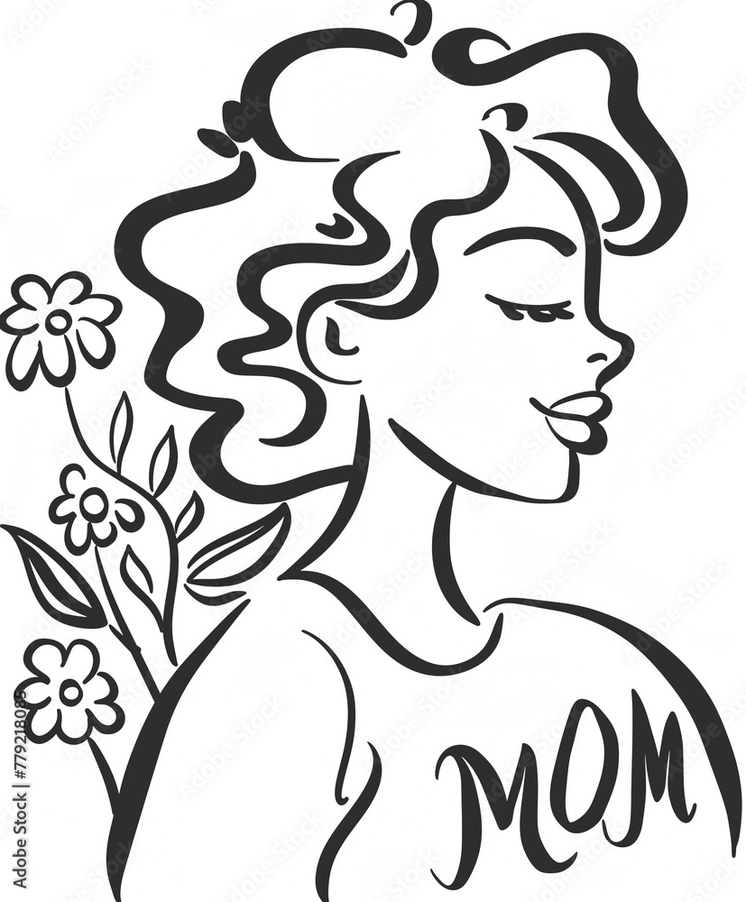 Mom Silhouette: Elegant Black and White Card Design with Woman, Flowers, and 'MOM' Inscription