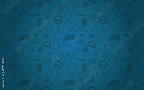 SSchool Supplies Background - Various Silhouettes of School Items on Blue Background. Pencil, Eraser, Sharpener, Rulers, Backpack, Scissor, Pens, Calculator, Bus and others.