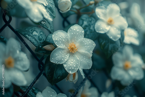 A profusion of fragrant jasmine climbs a trellis, its starry white blossoms releasing their intoxicating scent into the night air. Concept of nocturnal allure and floral enchantment. Generative Ai.