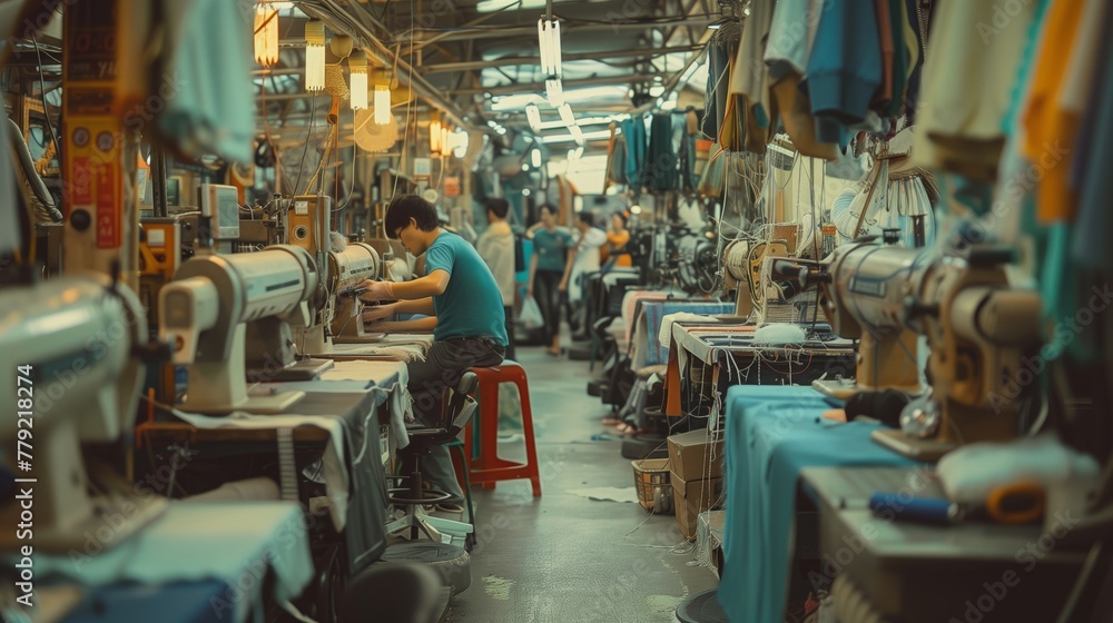 Man Operating Sewing Machine in Factory