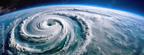 A massive hurricane from space shows nature s fierce power over Earth. The eye of the storm looms large  surrounded by swirling cloud bands. Panorama with copy space.