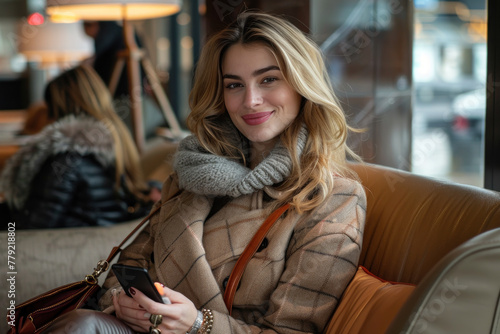 Caucasian woman sitting and using cell phone in the airport executive lounge