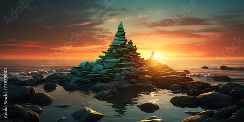 Stacked zen stones on the beach at sunset. Zen concept