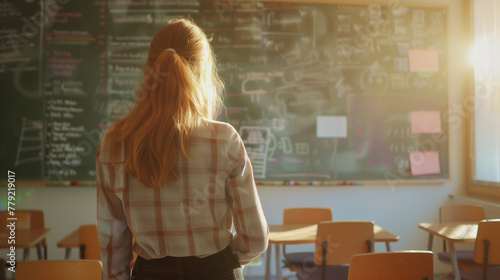 A female math teacher stands at the front of a classroom, solving equations on a smart board, with students' desks and the classroom environment softly blurred in the background. ,
