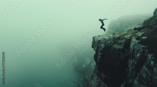 Person Leaping From Cliff Into Water photo