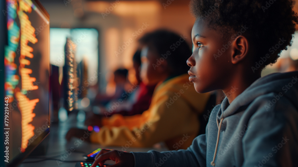 A row of children deeply focused on coding activities, with colorful code syntax visible on their screens. The gentle morning light fills the room, casting soft shadows that unders - obrazy, fototapety, plakaty 