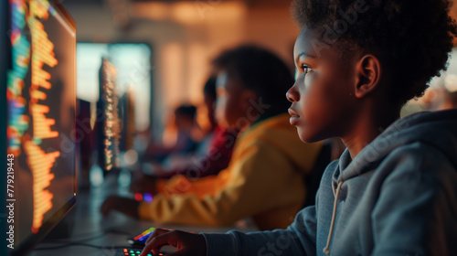 A row of children deeply focused on coding activities  with colorful code syntax visible on their screens. The gentle morning light fills the room  casting soft shadows that unders