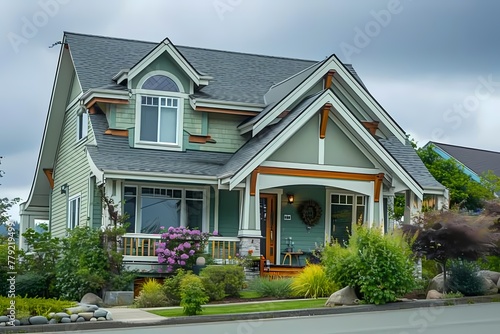 A picturesque craftsman home facade featuring soft seafoam green tones, blending seamlessly with the ocean breeze.