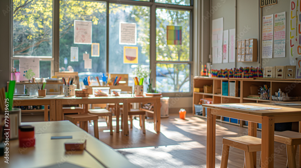 A hands-on workshop where teachers engage in creative activities, such as crafting educational materials. The room's natural lighting provides a bright, inspiring setting for creat