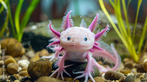 A delightful image portrays a cute pink axolotl with a charming smile, exuding an aura of whimsy and joy.