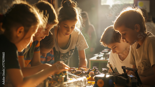 A group of children gathered around a robotics worktable, intently assembling a robot with various parts. Sunlight streams through a nearby window, casting soft shadows and illumin photo