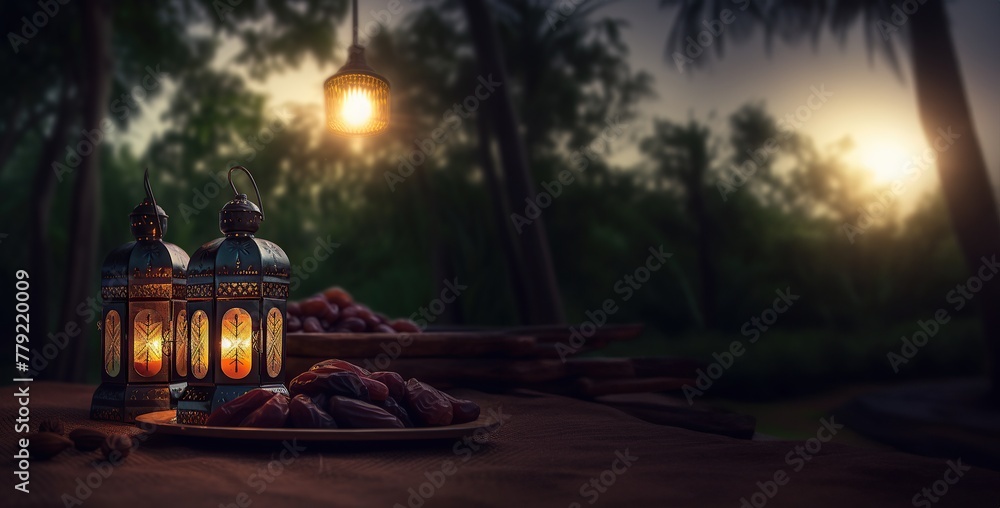 Arabic lantern with dates under light evening or iftar time copy space for text Arabic lantern with dates under light evening or iftar time copy space for text
