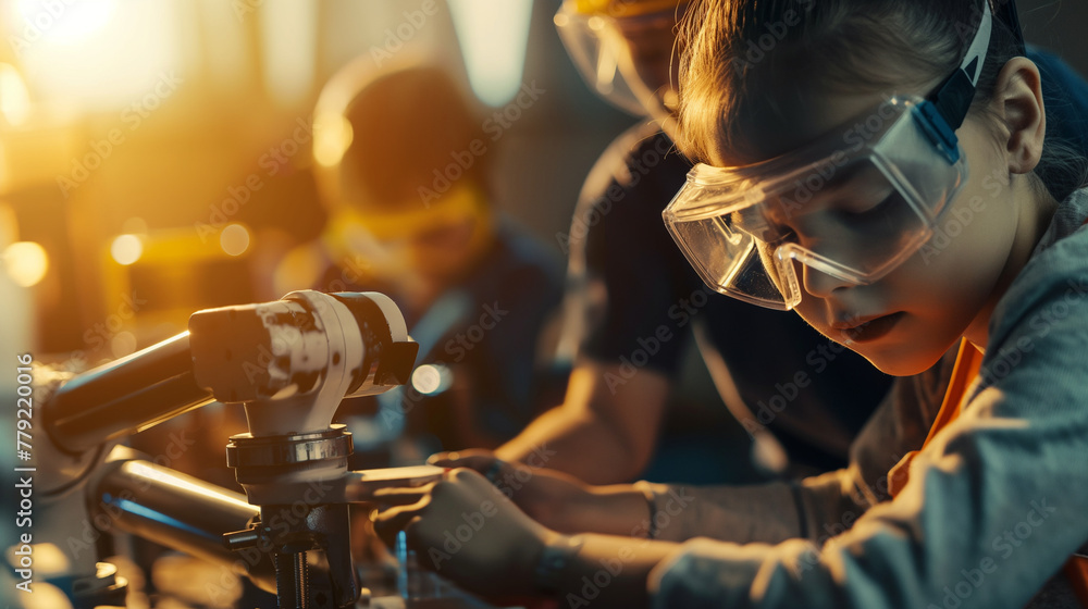 Naklejka premium Children wearing safety goggles and working on a robotic arm, adjusting its components. The natural light filtering through the workspace casts soft shadows, emphasizing the hands-