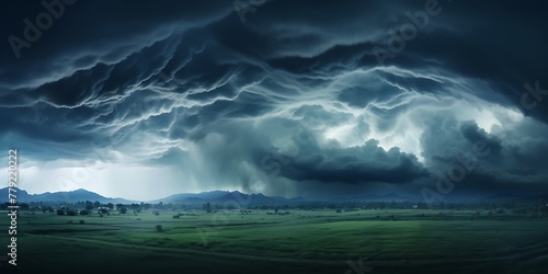thunderstorm over a green field in the evening. 3d rendering photo