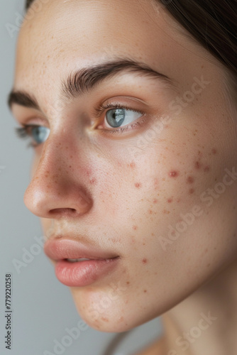 close up portrait of a woman with problem acne skin without makeup 