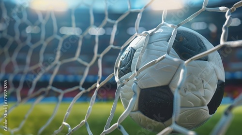 Close up detailed a soccer ball goal in soccer net in a match on the stadium. AI generated image photo