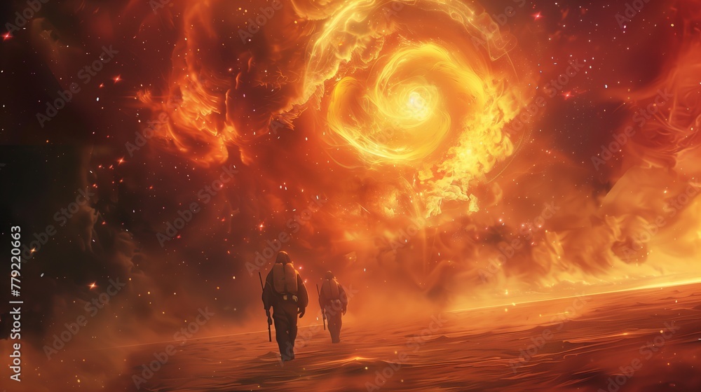 Two People Walking in Front of a Fireball