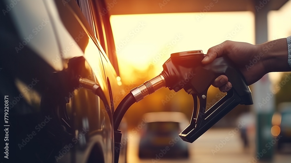 Hand grip man refueling gasoline car on petrol station.