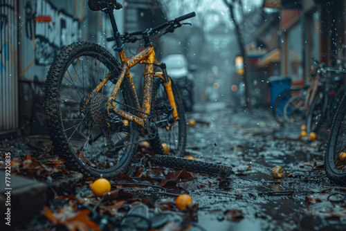 A broken bicycle chain lying on the ground next to an abandoned bike, hinting at theft or vandalism. Concept of stolen property. Generative Ai. photo