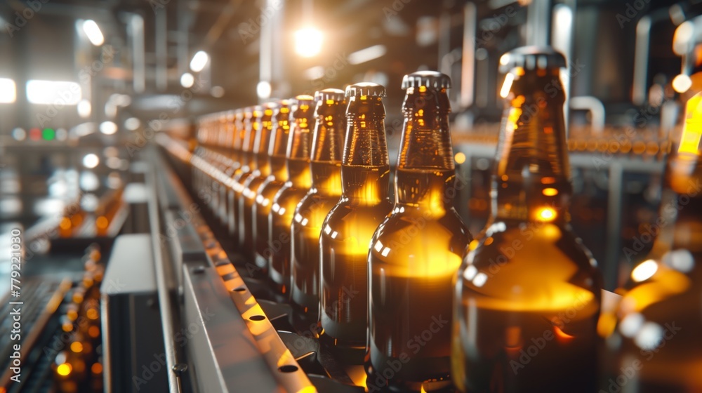 Row of Beer Bottles on Conveyor Belt Row of Beer Bottles on Conveyor Belt