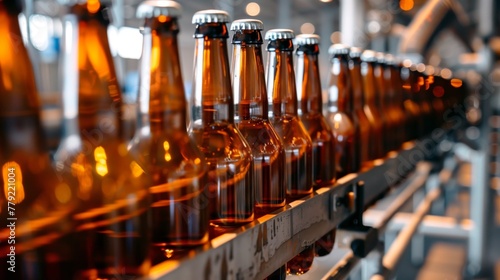 Beer Bottles Moving Along Conveyor Belt