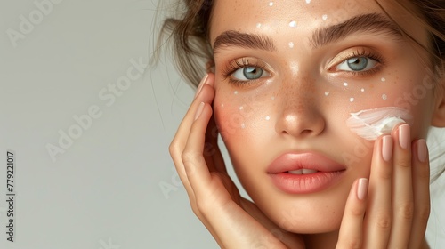 Beautiful Model Applying Cosmetics Cream on Her Face, Blue Eyes, Glamorous Makeup, Treatment Advert