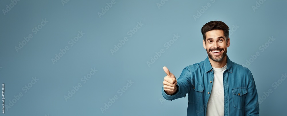 Happy Handsome man giving thumbs up with copy space for text in blue coat on light blue background Happy Handsome man giving thumbs up with copy space for text in blue coat on light blue background