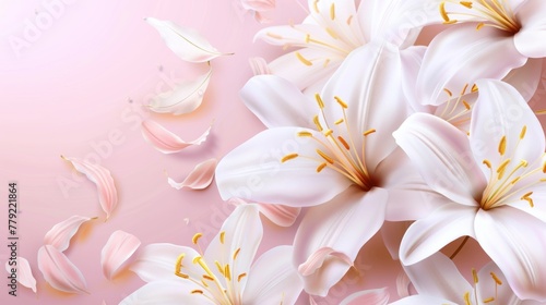 Closeup detailed of white flower petals with yellow stamens on a soft pink background. AI generated