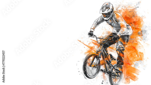 Orange watercolor painting of BMX bicycle motocross player in action