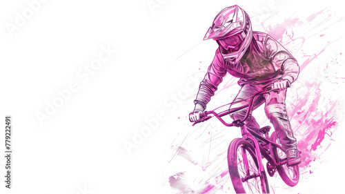 Pink watercolor painting of BMX bicycle motocross player in action
