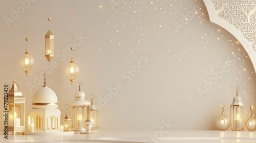 3d render, white mosque and lanterns, golden lanterns and crescent moon, white background ,Muslim holiday Ramadan Kareem concept.