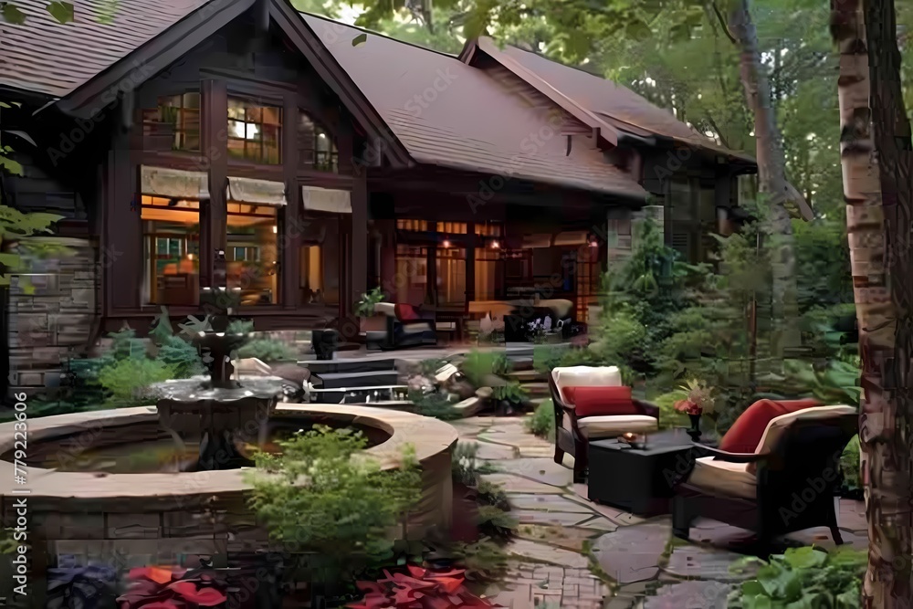 A craftsman house with a dark exterior, featuring a charming courtyard with a fountain and comfortable seating.