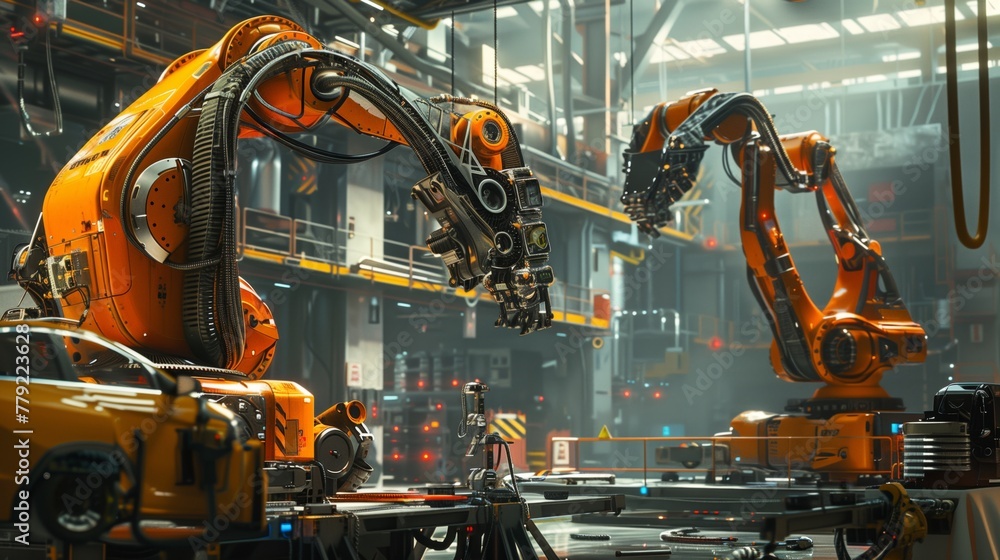 Robots Working on Car in Factory Robots Working on Car in Factory