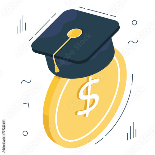 Mortarboard with dollar coin, isometric design of educational grant

