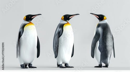 Portrait funny three emperor penguins arctic bird animal Isolated on gray background. AI generated