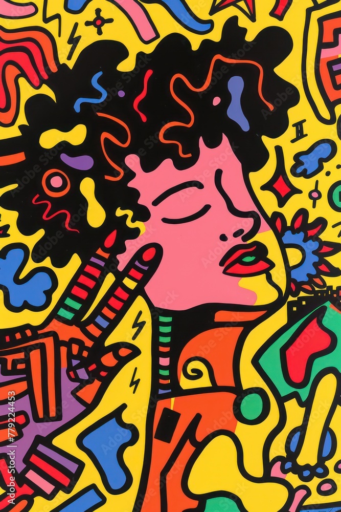 Fototapeta premium The image features a stylized profile of a woman with vibrant, abstract patterns and shapes surrounding her on a bright background
