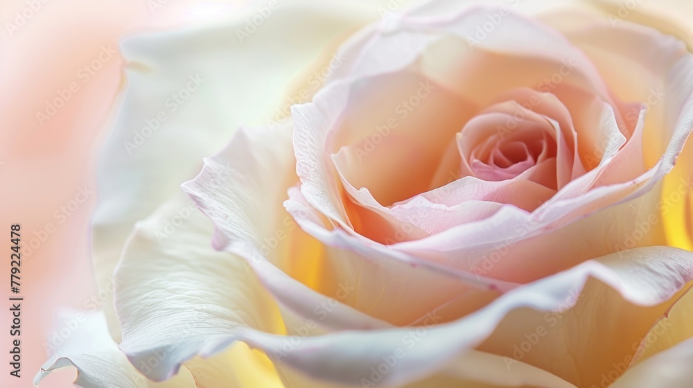 Beauty white rose flower in pastel pink yellow soft colors toned background. AI generated