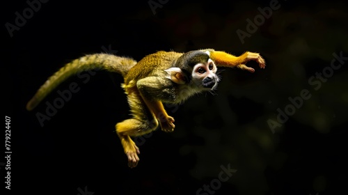 agile motion of a squirrel monkey swinging through the trees - long tail and expressive face - isolated on black background - curious monkey in the jungle