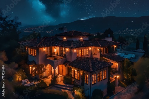 An aerial shot capturing the timeless elegance of a traditional craftsman house exterior adorned with dark walnut brown  under the starry night.