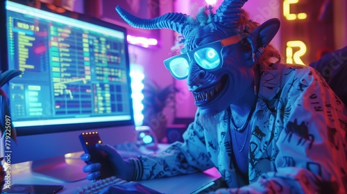 Man in Horned Mask Using Computer