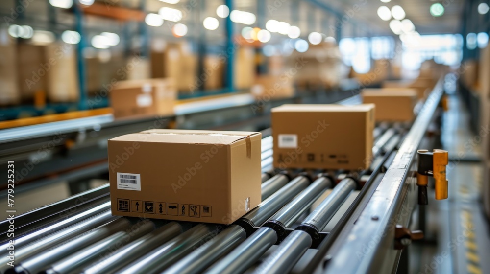 Boxes on Conveyor Belt in Warehouse