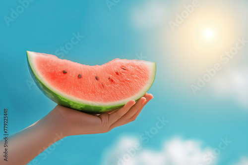juicy watermelon on a hand. blue sky hot summer day.