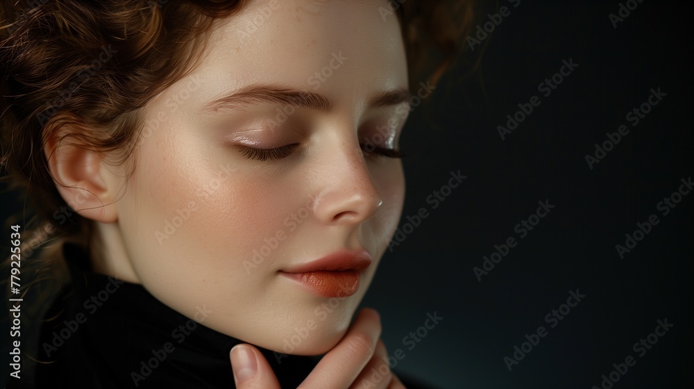 Portrait of Female Model Posing with Eyes Closed on Black Background, Large Empty Space For Text Portrait of Female Model Posing with Eyes Closed on Black Background, Large Empty Space For Text