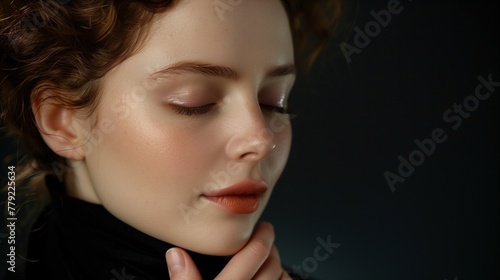 Portrait of Female Model Posing with Eyes Closed on Black Background, Large Empty Space For Text 
