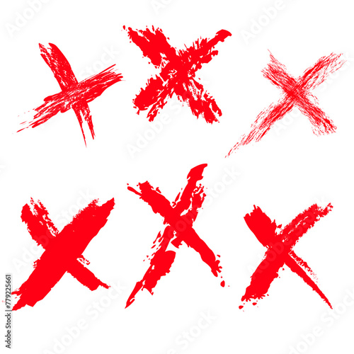 Cross sign element. Set of red X icons isolated on a white background. Simple graphic design. Button for voting, decision, Internet. Symbol for error, check, error and stop, failed. Vector illustratio