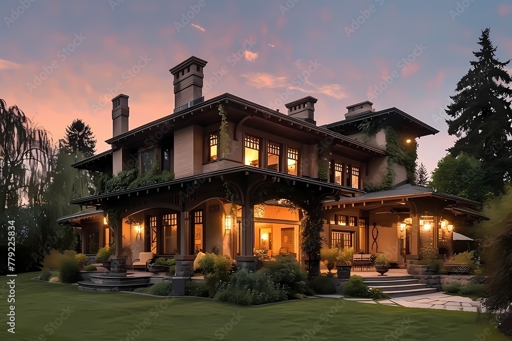 A serene craftsman house exterior bathed in light apricot, casting a warm glow against the evening sky.