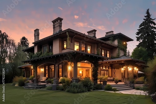 A serene craftsman house exterior bathed in light apricot, casting a warm glow against the evening sky. © hassan