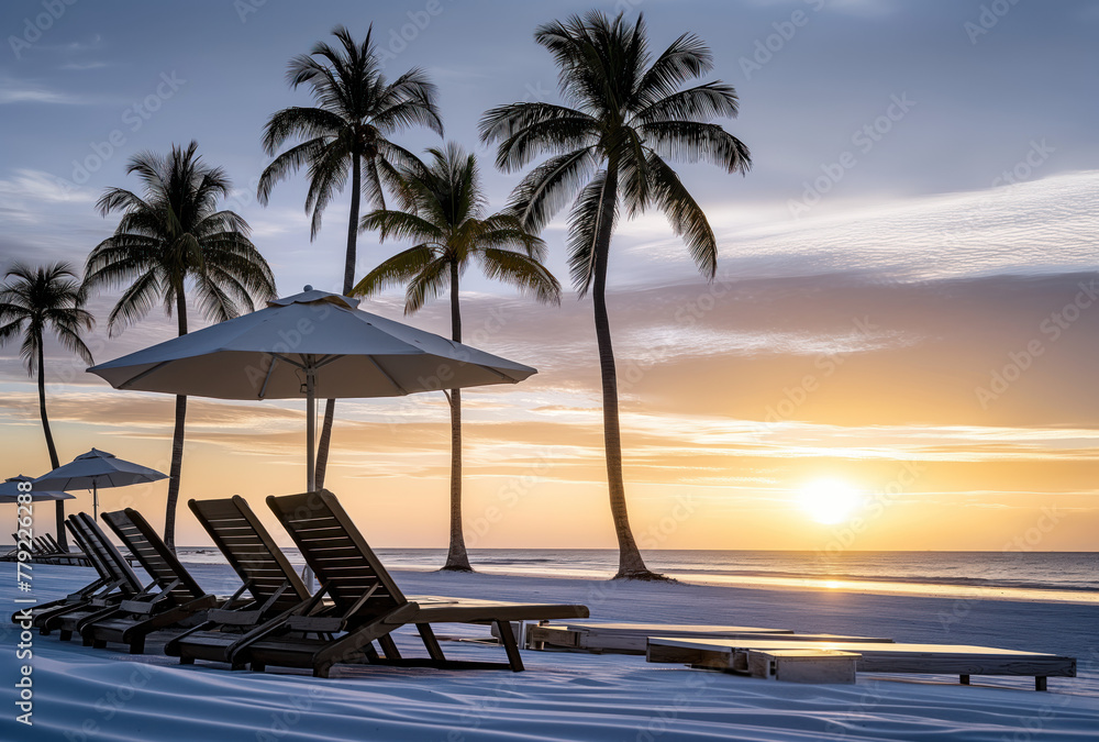 Fototapeta premium Relaxing view on a tropical beach with palms and umbrellas. Beautiful sun set. Summer vacation and travel concept.