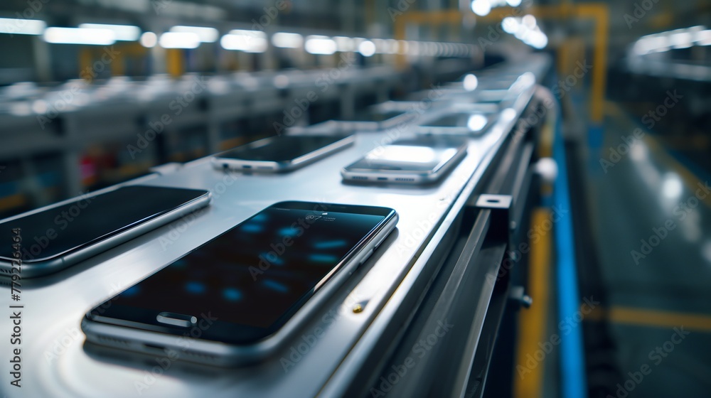 Row of Cell Phones on Conveyor Belt Row of Cell Phones on Conveyor Belt
