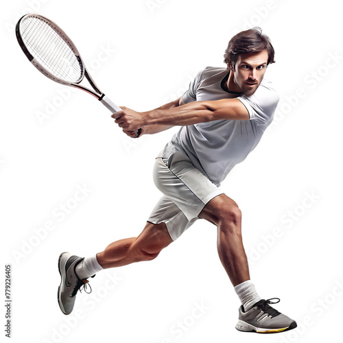 man wearing sportwear playing tennis isolated on white background. photo